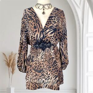 Early 2000's Euro Animal Print Cheetah Black Sequin Babydoll Blouse Top L